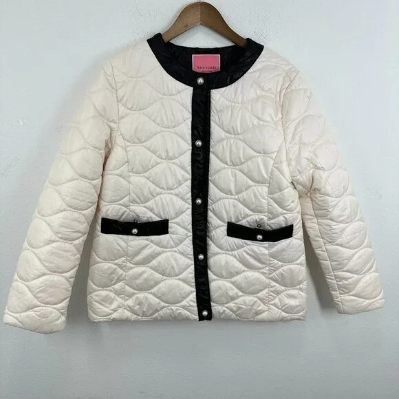 Kate Spade Quilted Puffer Coat Jacket Ivory Black Trim Pearl Buttons Size L - Picture 1 of 10